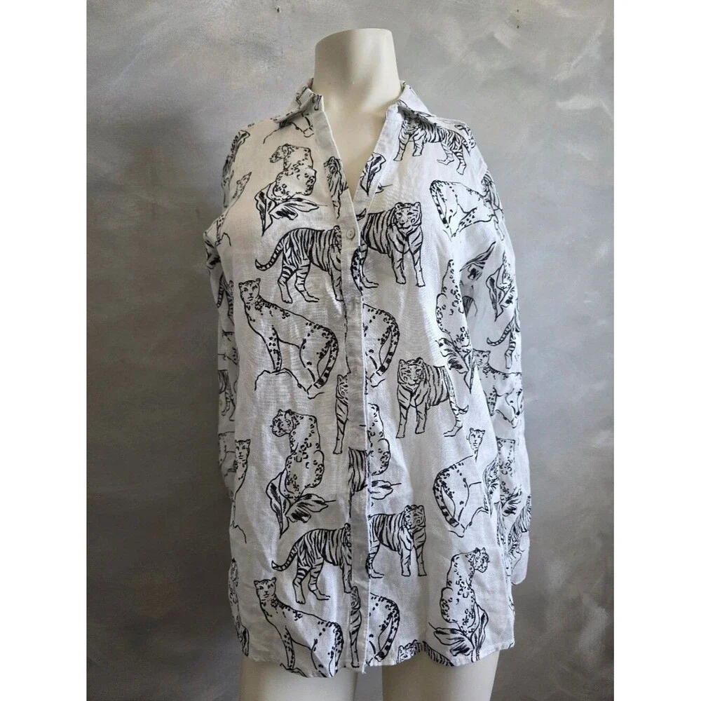 Cynthia Rowley Llinen Black & White Cheetah Animal Print Top Blouse Button S